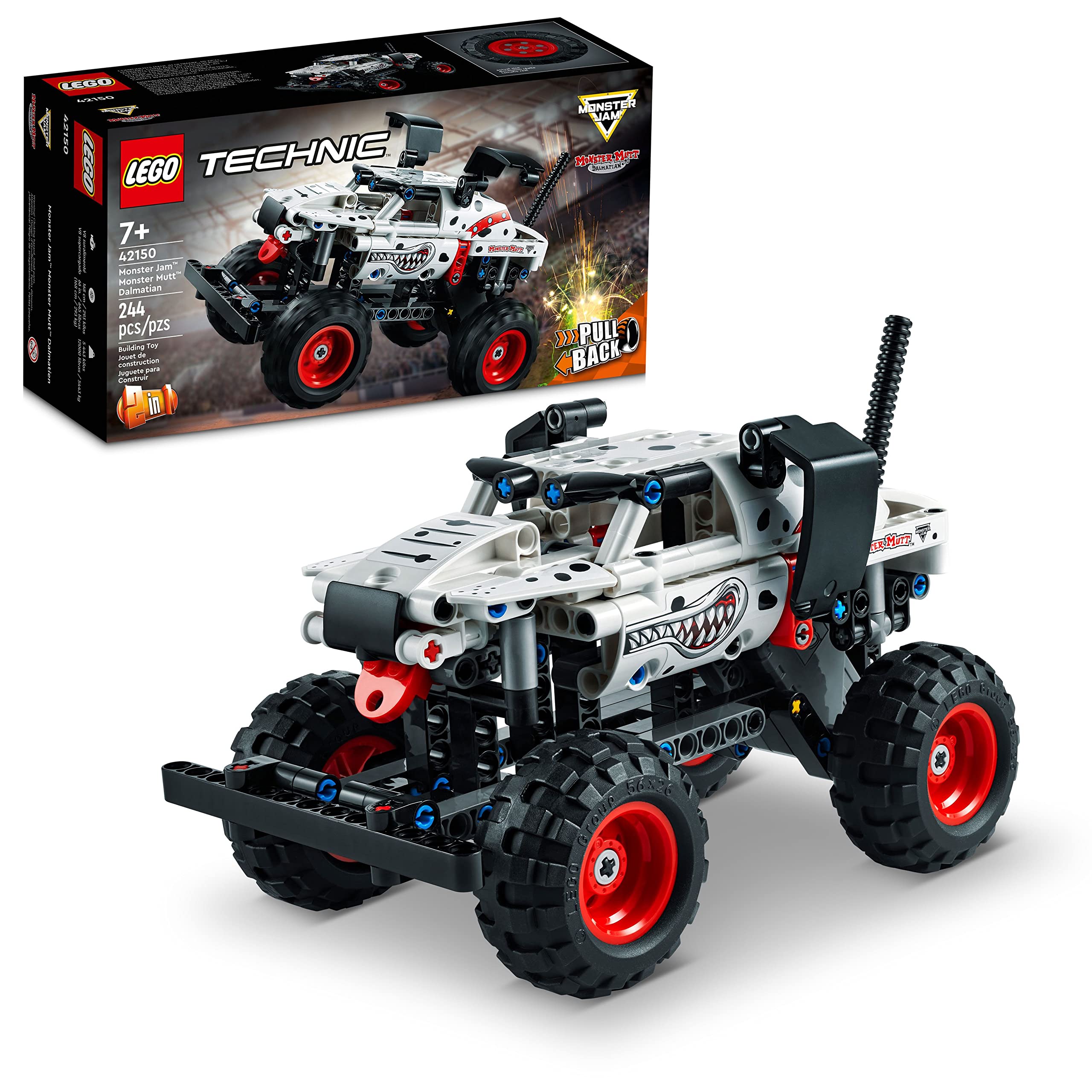LEGO Technic Monster Jam Monster Mutt Dalmatian front view highlights authentic graphics for immersive play
