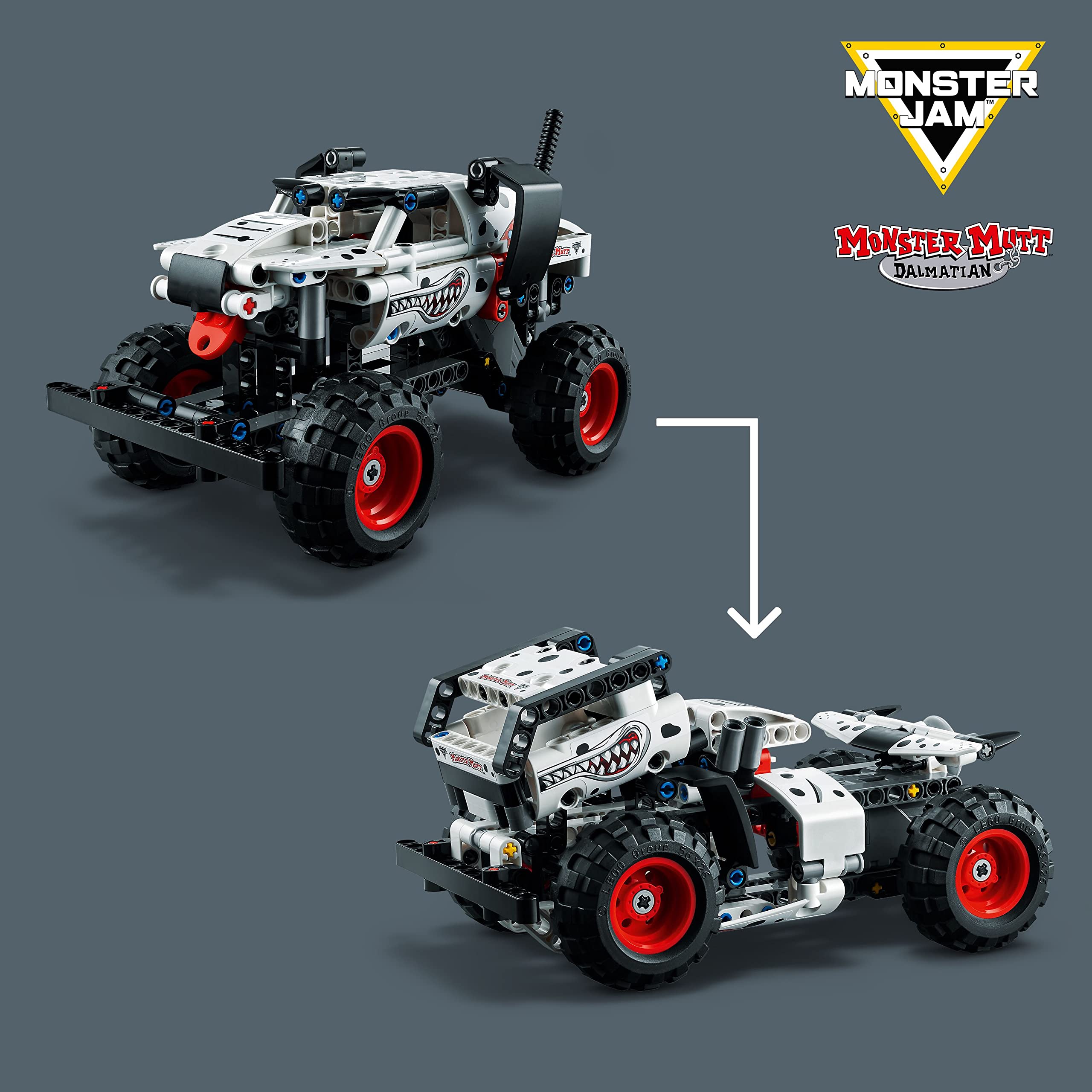 LEGO Technic Monster Jam Monster Mutt Dalmatian side view shows vibrant colors for dynamic play