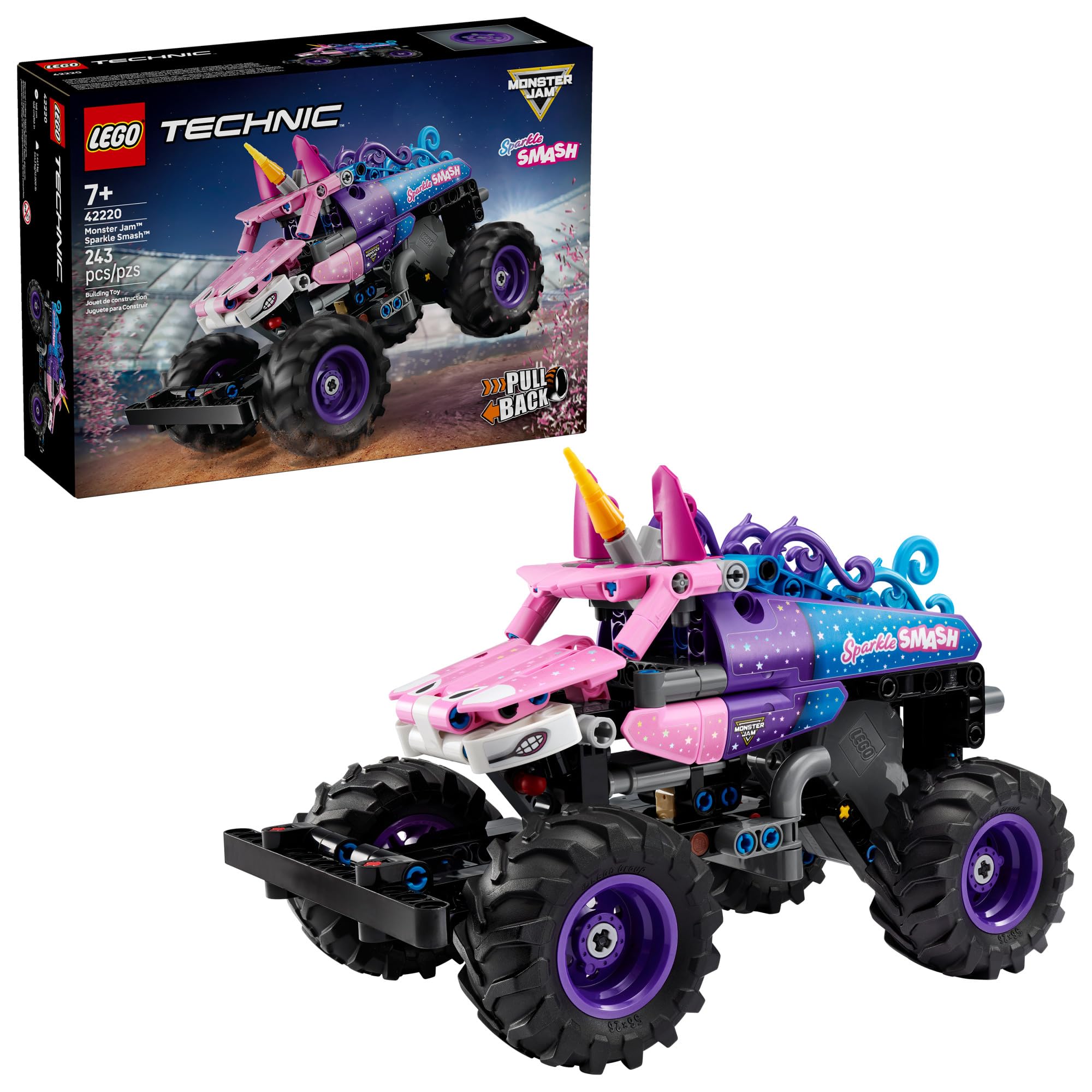 LEGO Technic Monster Jam Sparkle Smash front view with unicorn horn and sparkling stars