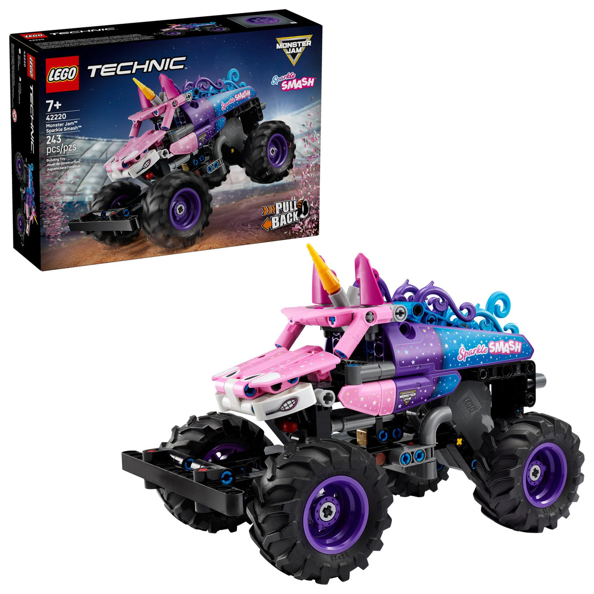 LEGO Technic Monster Jam Sparkle Smash front view with unicorn horn and sparkling stars