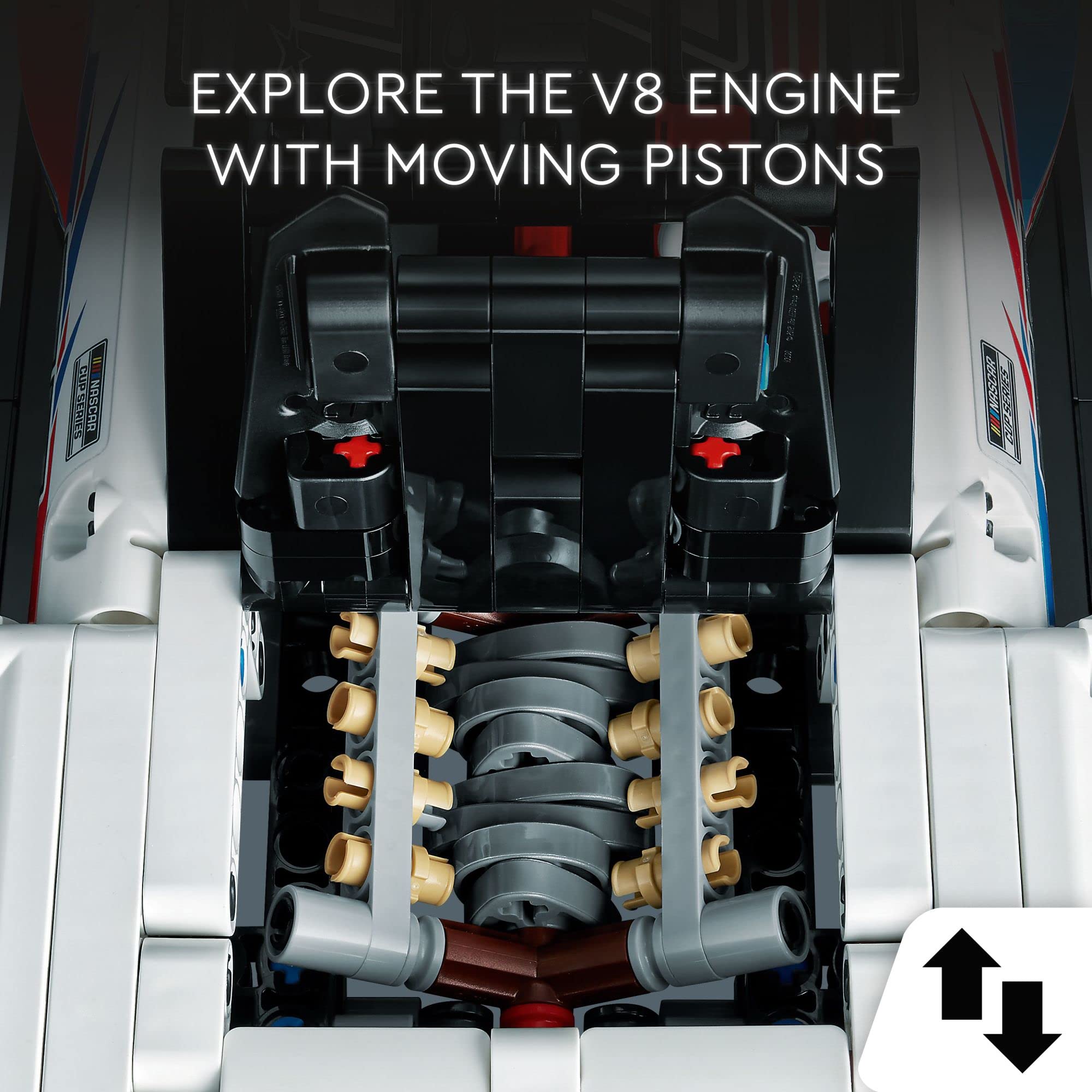LEGO Technic NASCAR Camaro ZL1 engine detail reveals moving pistons for hands on engineering fun