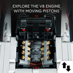 LEGO Technic NASCAR Camaro ZL1 engine detail reveals moving pistons for hands on engineering fun