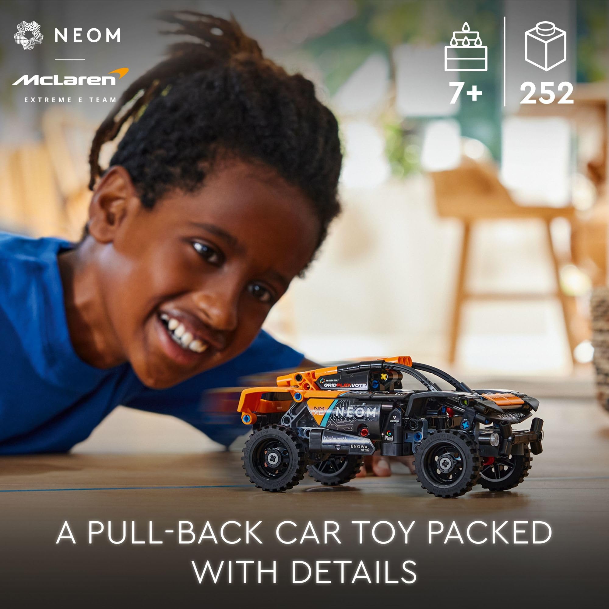 LEGO Technic NEOM McLaren Extreme E with chunky off-road tires and logos