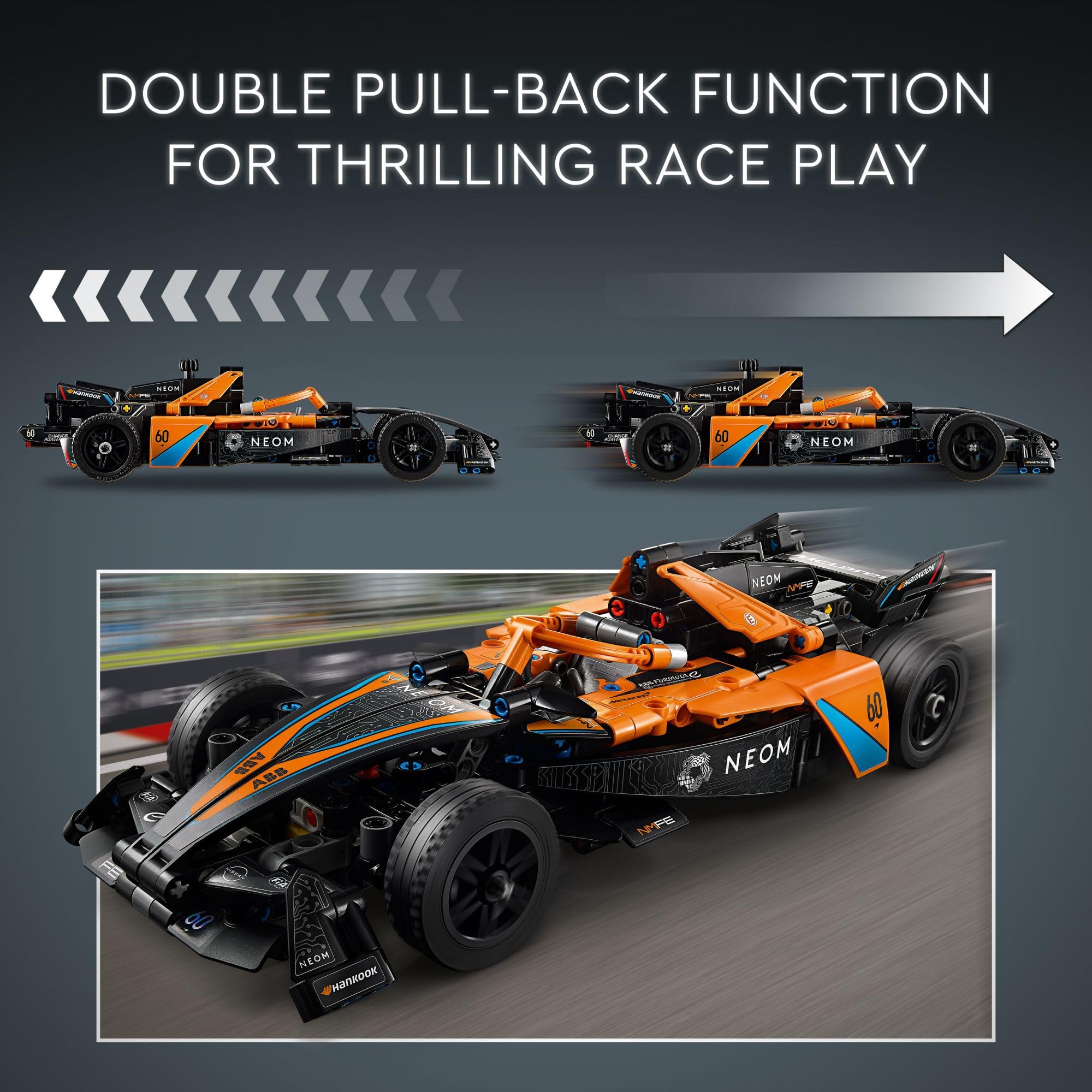 LEGO Technic NEOM McLaren model steering function enabling realistic wheel movement.