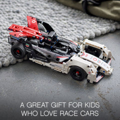 LEGO Technic pull-back race action demonstrates fast launch dynamics.