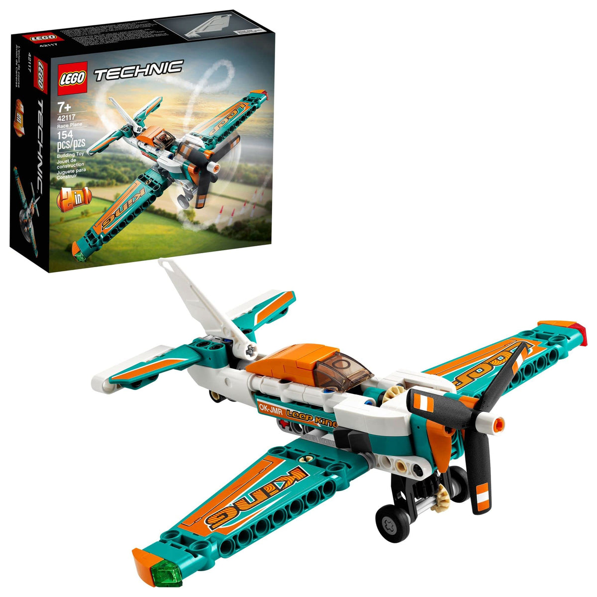 LEGO Technic Race Plane 42117 front view with teal and orange livery for immersive play