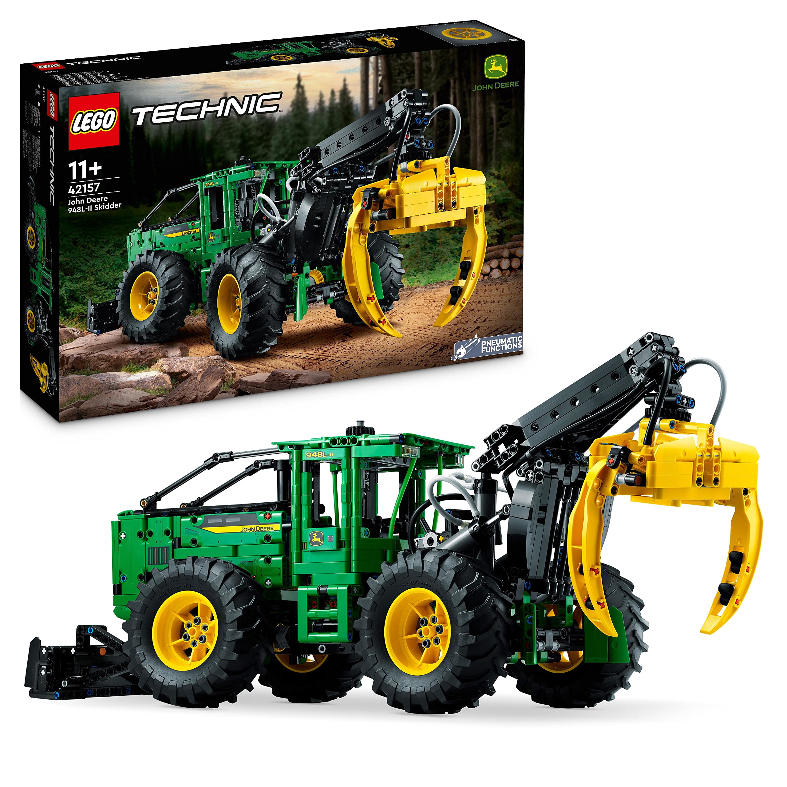 LEGO Technic Skidder John Deere 948L-II front view with pneumatic gripper for realistic action