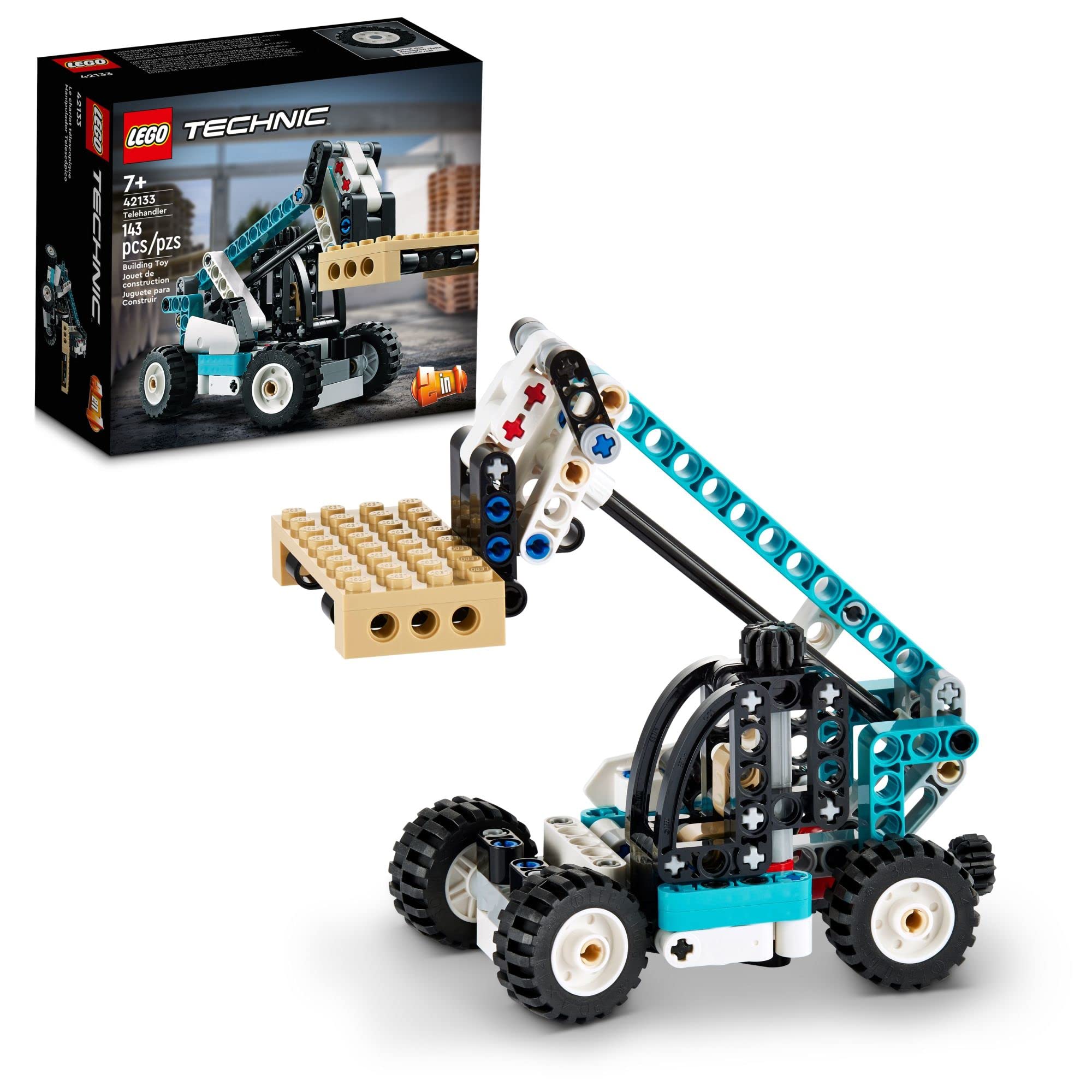 LEGO Technic Telehandler 42133 front view with steering and lifting action for realistic play.