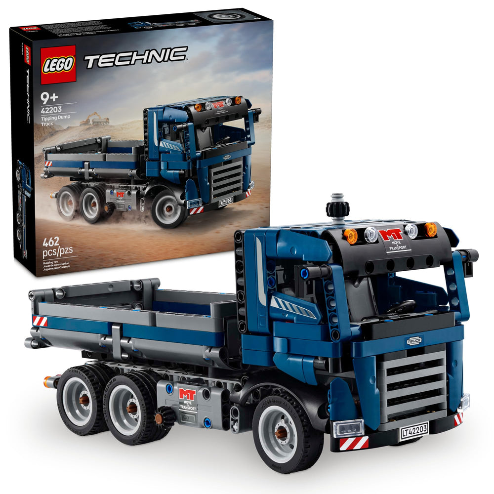 LEGO Technic tipping dump truck front view showing a sturdy blue build for play