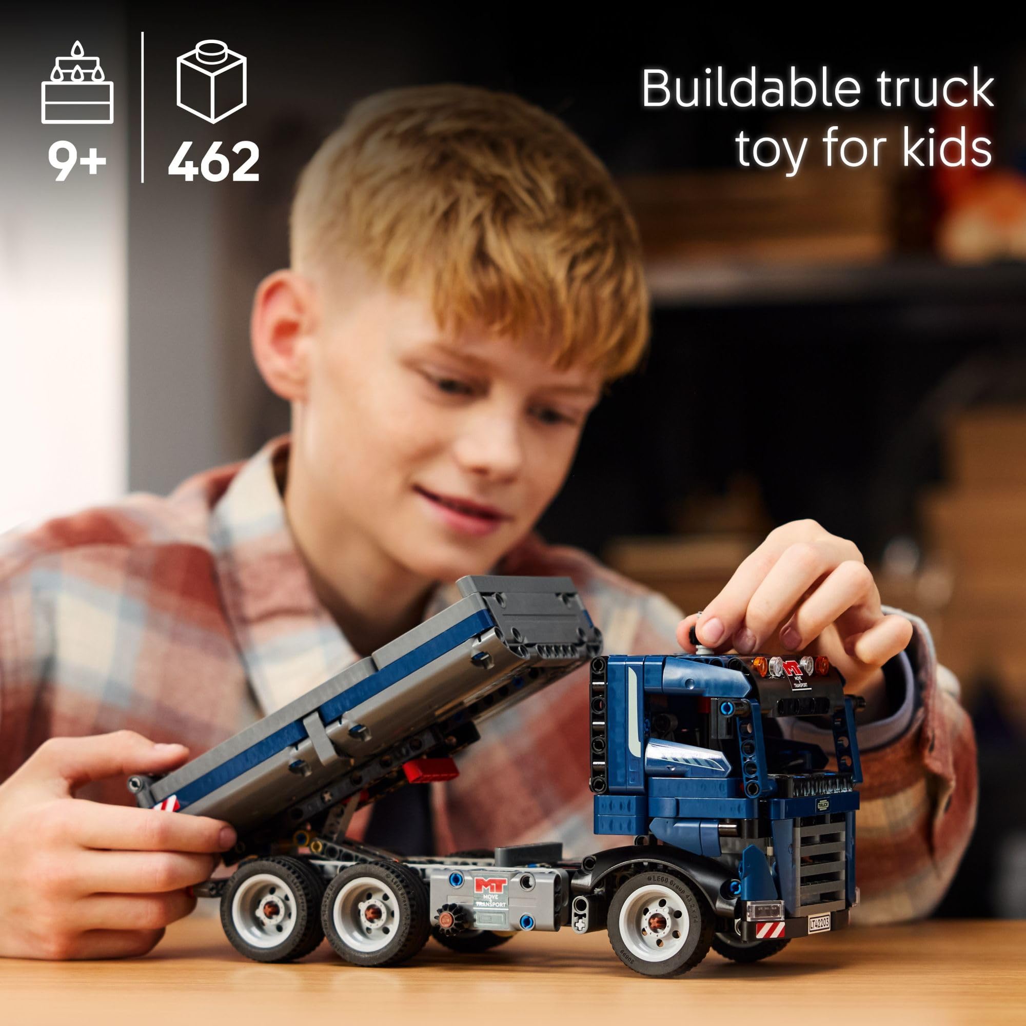 LEGO Technic tipping dump truck side tilt demonstrates the tipping knob feature