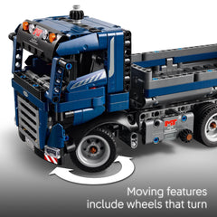 LEGO Technic tipping dump truck tipping mechanism in action during play