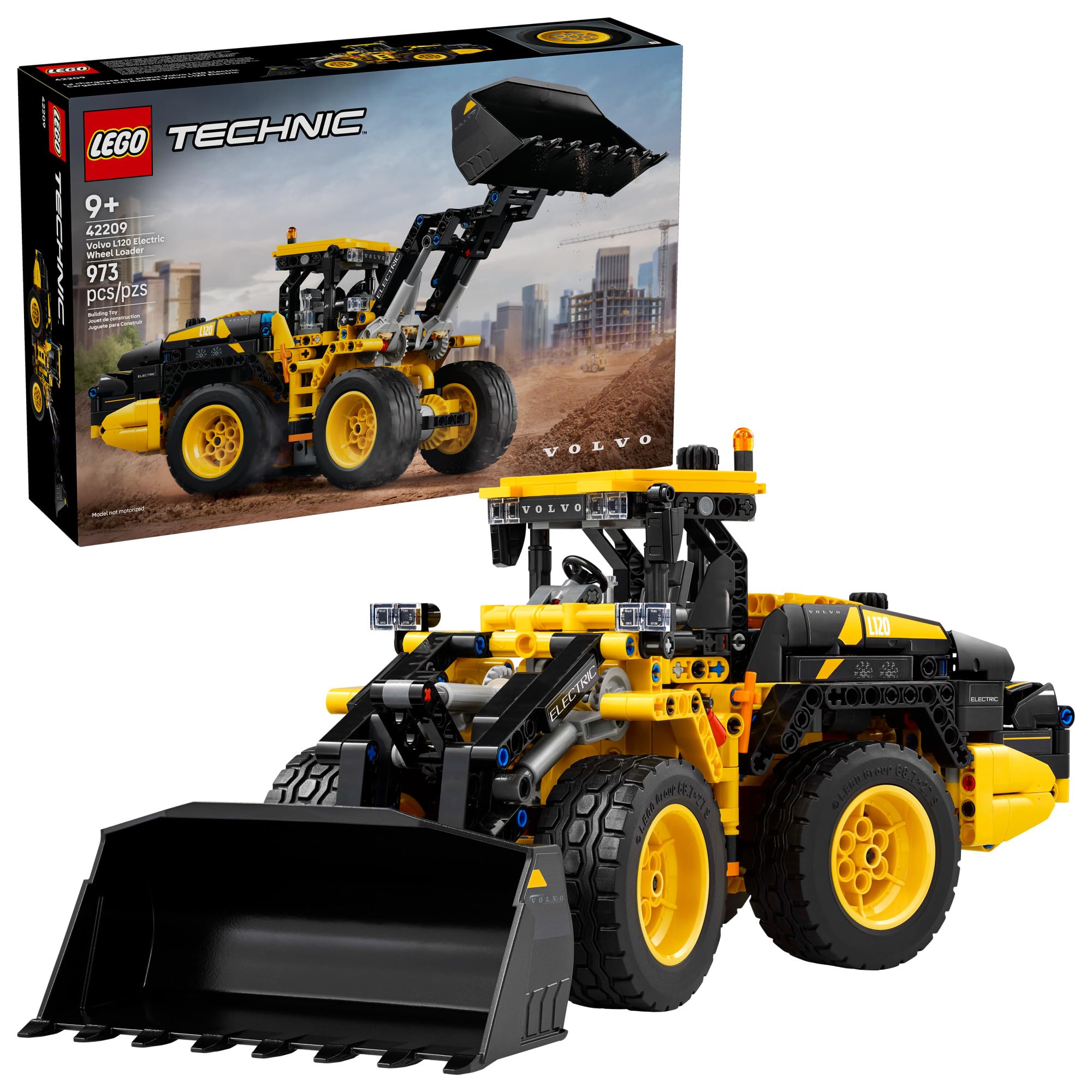 LEGO Technic Volvo L120 front view shows authentic scale and sturdy design for imaginative site missions