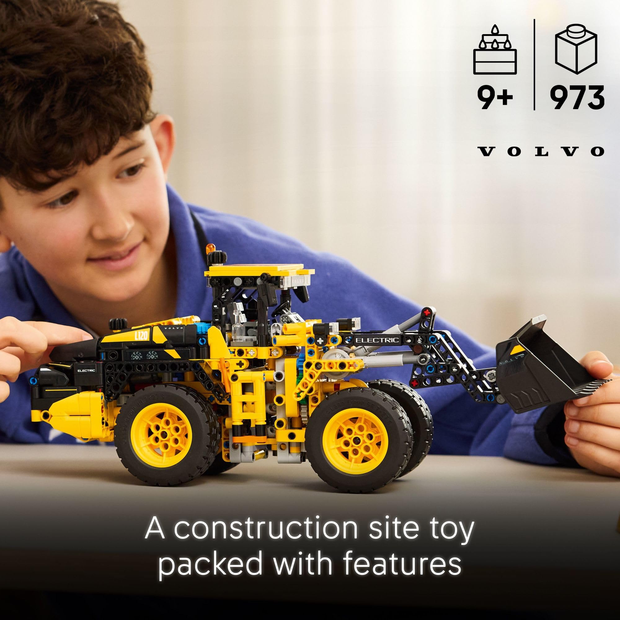LEGO Technic Volvo L120 rear view highlights detailed chassis for pretend maintenance scenarios