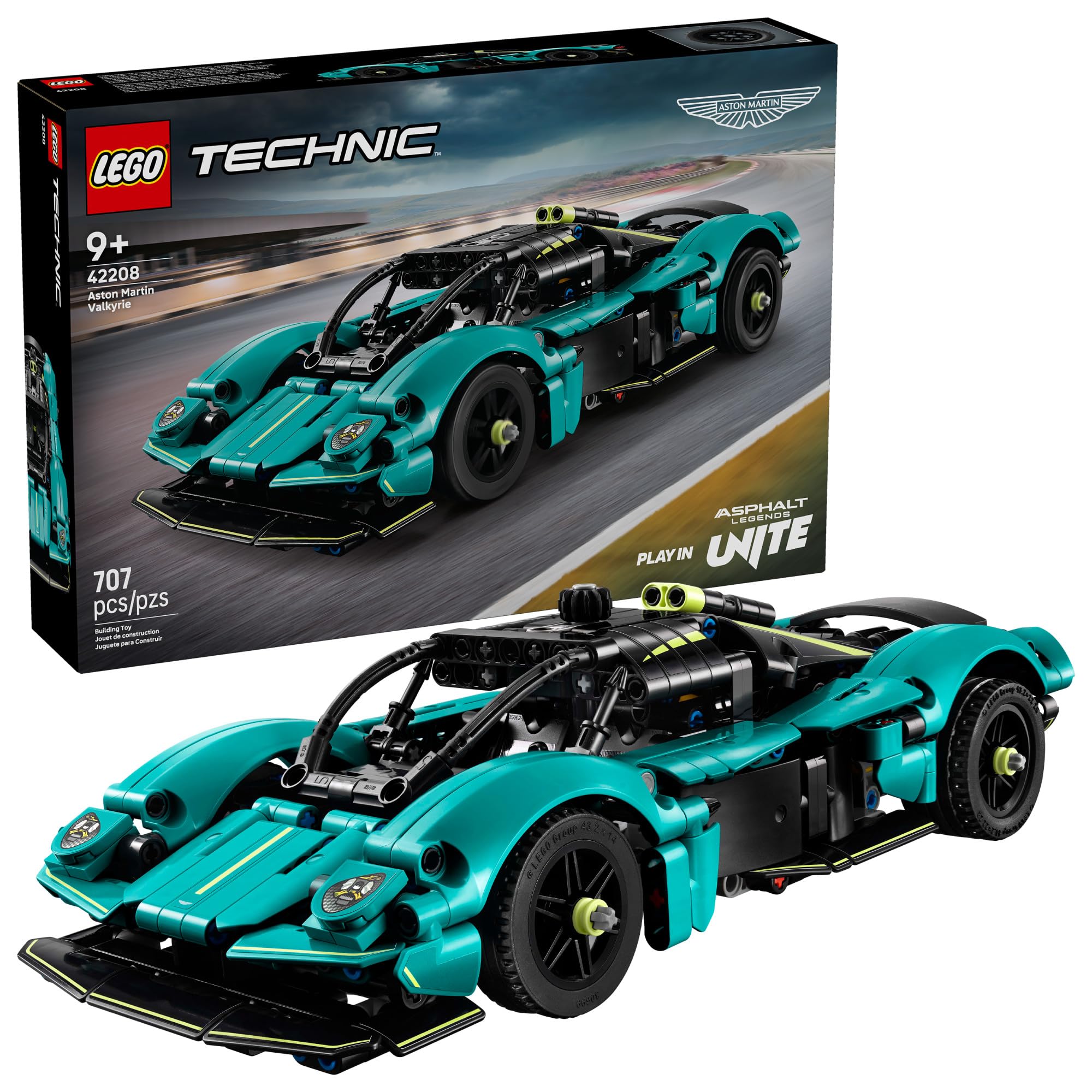 LEGO Technic Aston Martin Valkyrie teal front view with functional steering