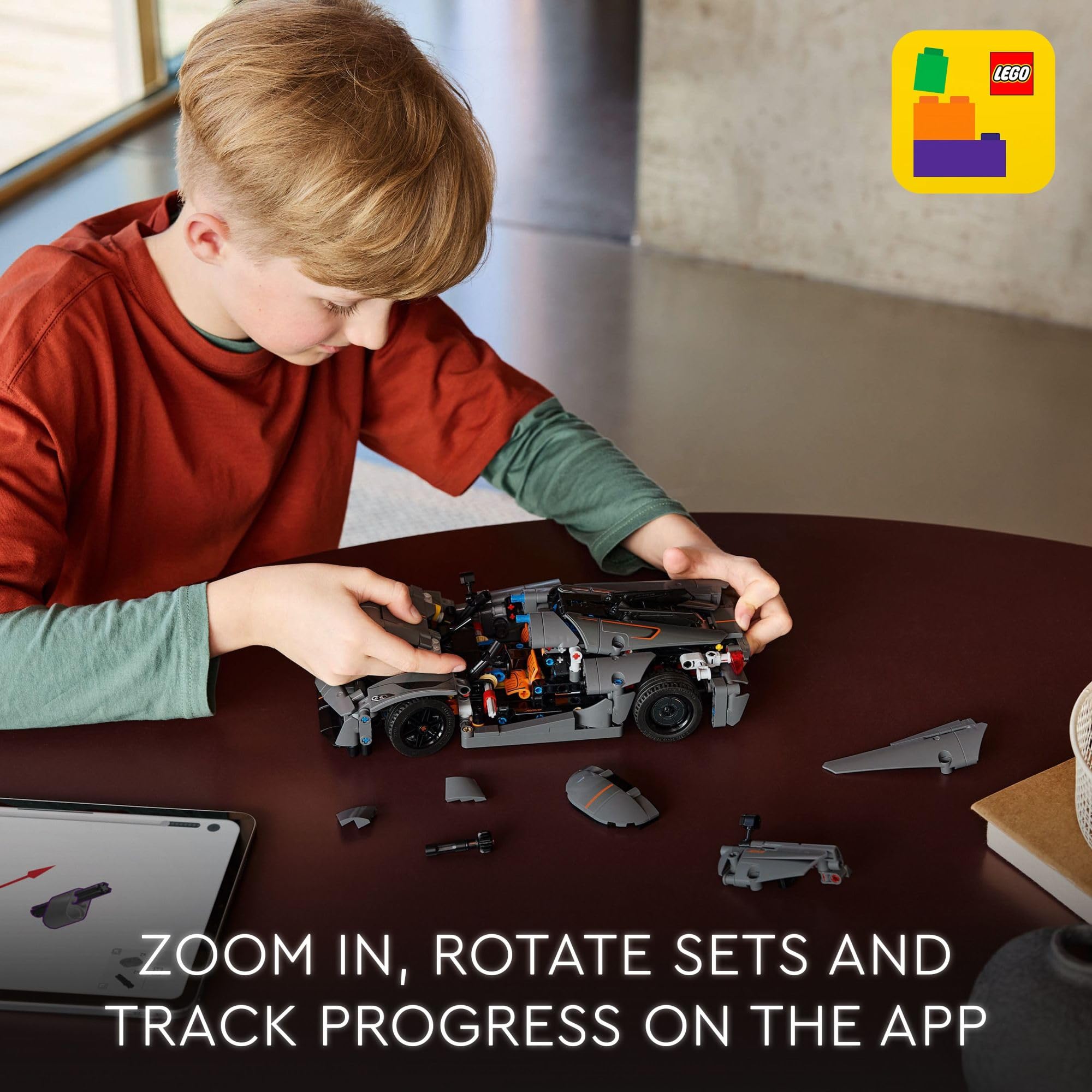 LEGO Technic Koenigsegg Jesko Absolut Grey Builder app view enables 3D rotation for immersive model inspection.