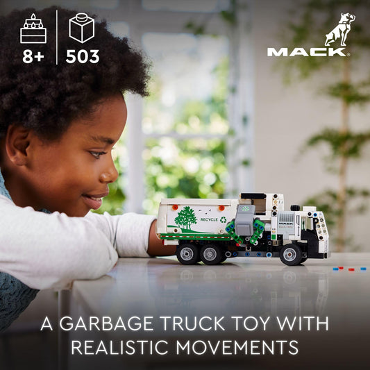 LEGO Technic Mack LR Electric Garbage Truck with open doors for realistic pretend driving.