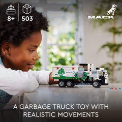 LEGO Technic Mack LR Electric Garbage Truck with open doors for realistic pretend driving.