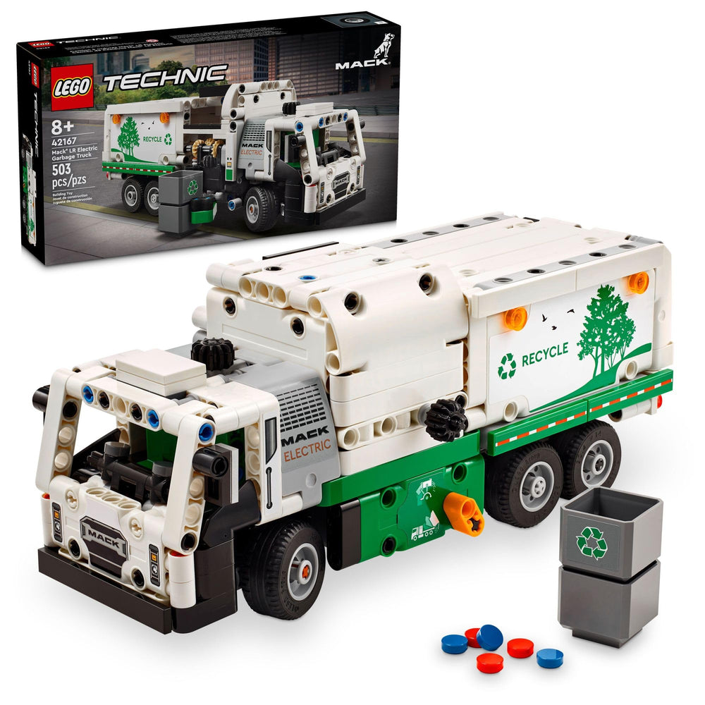 LEGO Technic Mack LR Electric Garbage Truck side-loader for imaginative recycling play and hands-on learning.