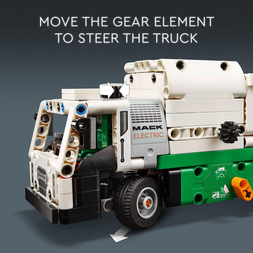 LEGO Technic Mack LR Electric Garbage Truck trash cans illustrating scale of a real fleet.