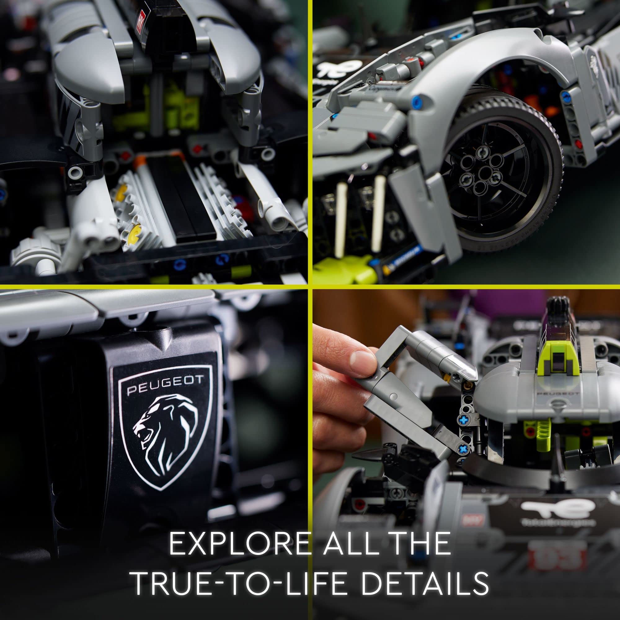 LEGO Technic Peugeot 9X8 glow-in-the-dark lights create night race ambiance