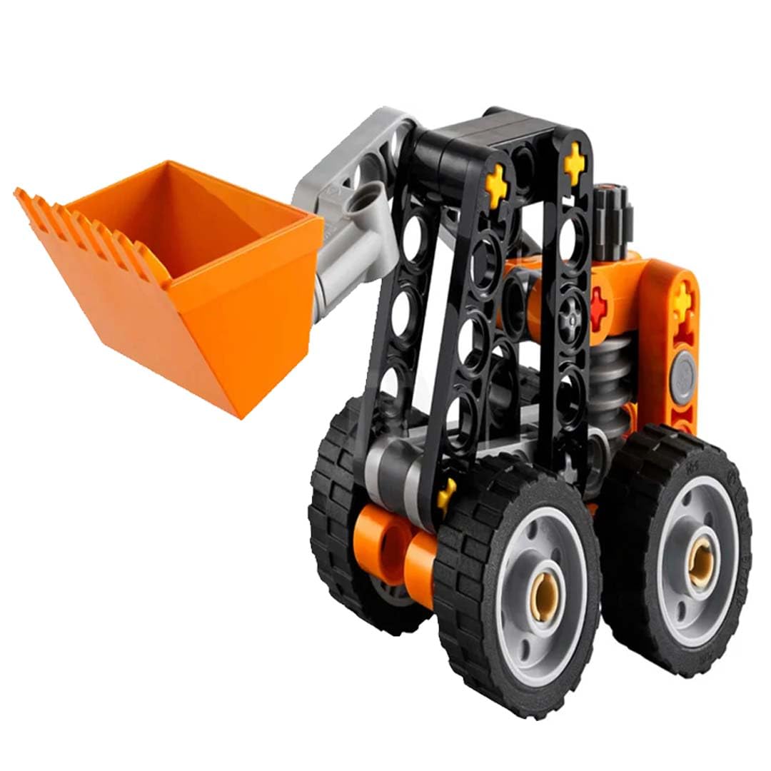 LEGO Technic skid-steer loader arm and bucket movement illustrating realistic play actions.