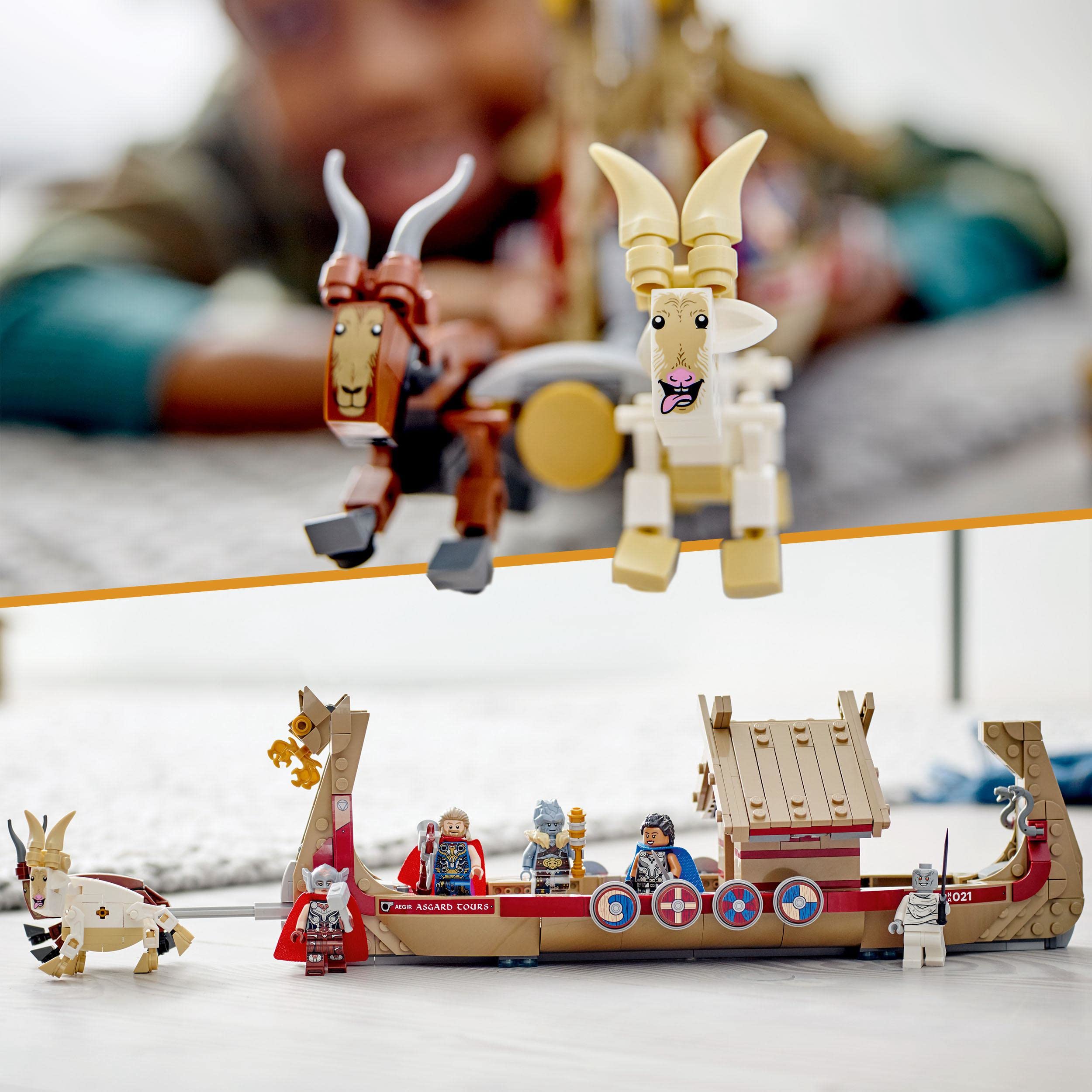 LEGO Thor and Mighty Thor minifigures ready for action aboard the drakkar