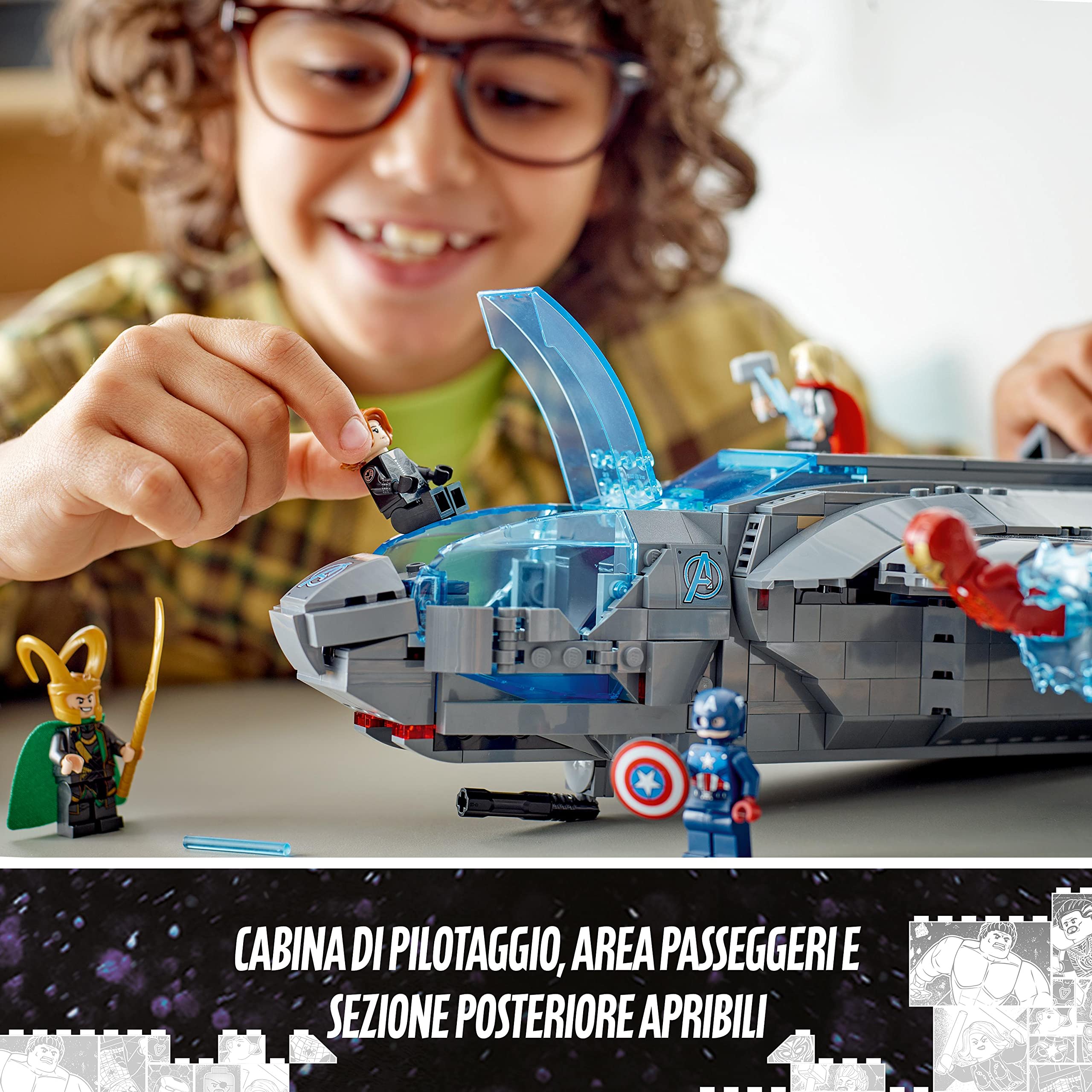 LEGO Thor minifigure with hammer enhances action-packed role-play.