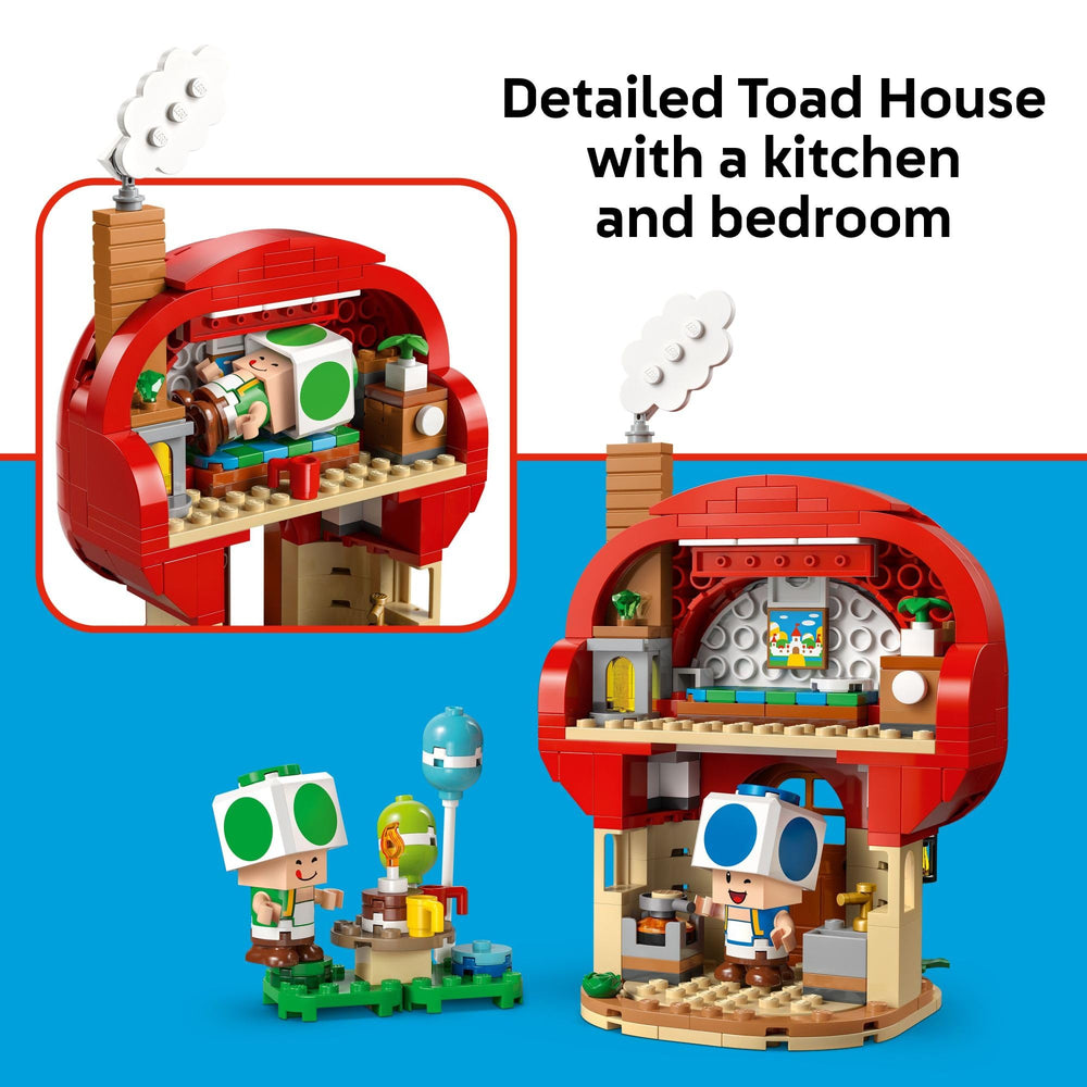 LEGO Super Mario Toad's House bedroom with Peach's Castle painting inspires cozy play.