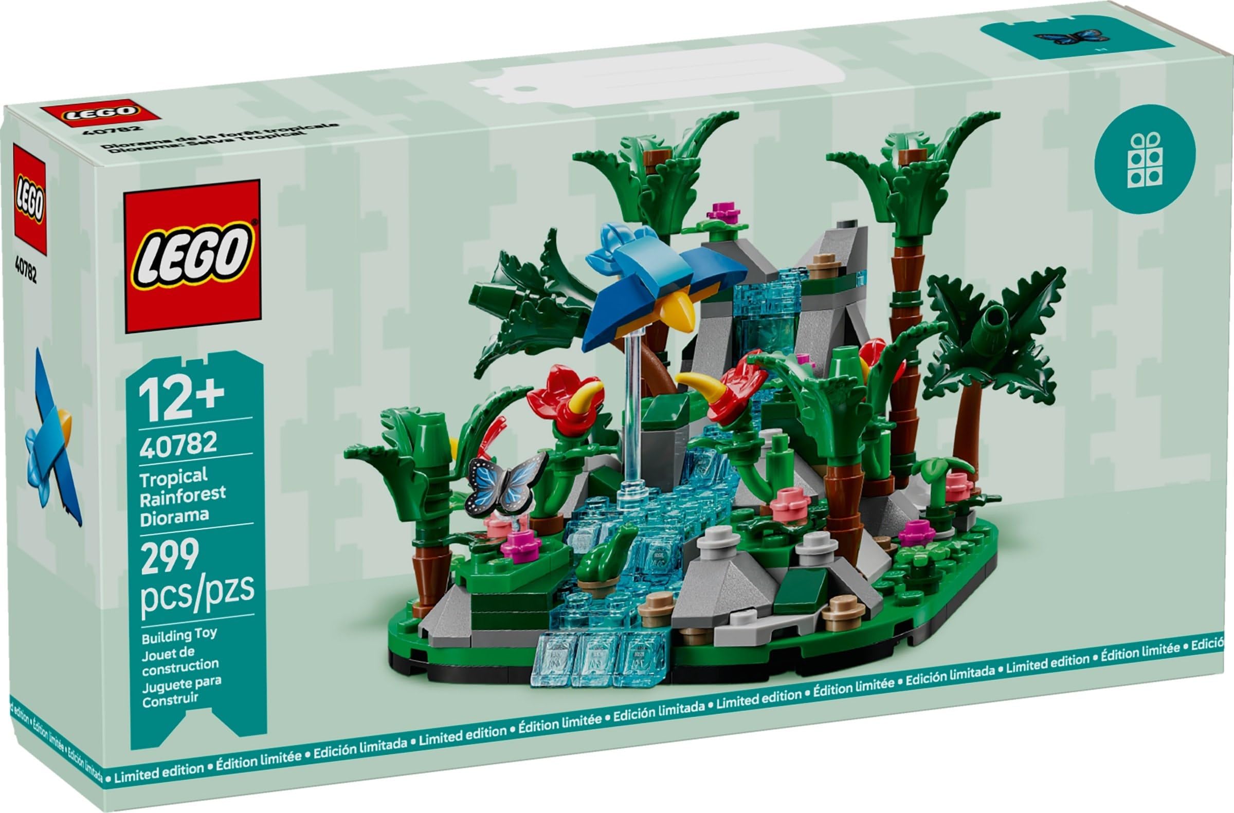 LEGO 40782 Tropical Rainforest Diorama waterfall centerpiece for a calming desk display.