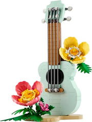 LEGO Tropical Ukulele beach scene stand with flowers for colorful display and storytelling.