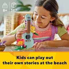 LEGO Tropical Ukulele dolphin toy leaping beside an ocean stand for dynamic storytelling.