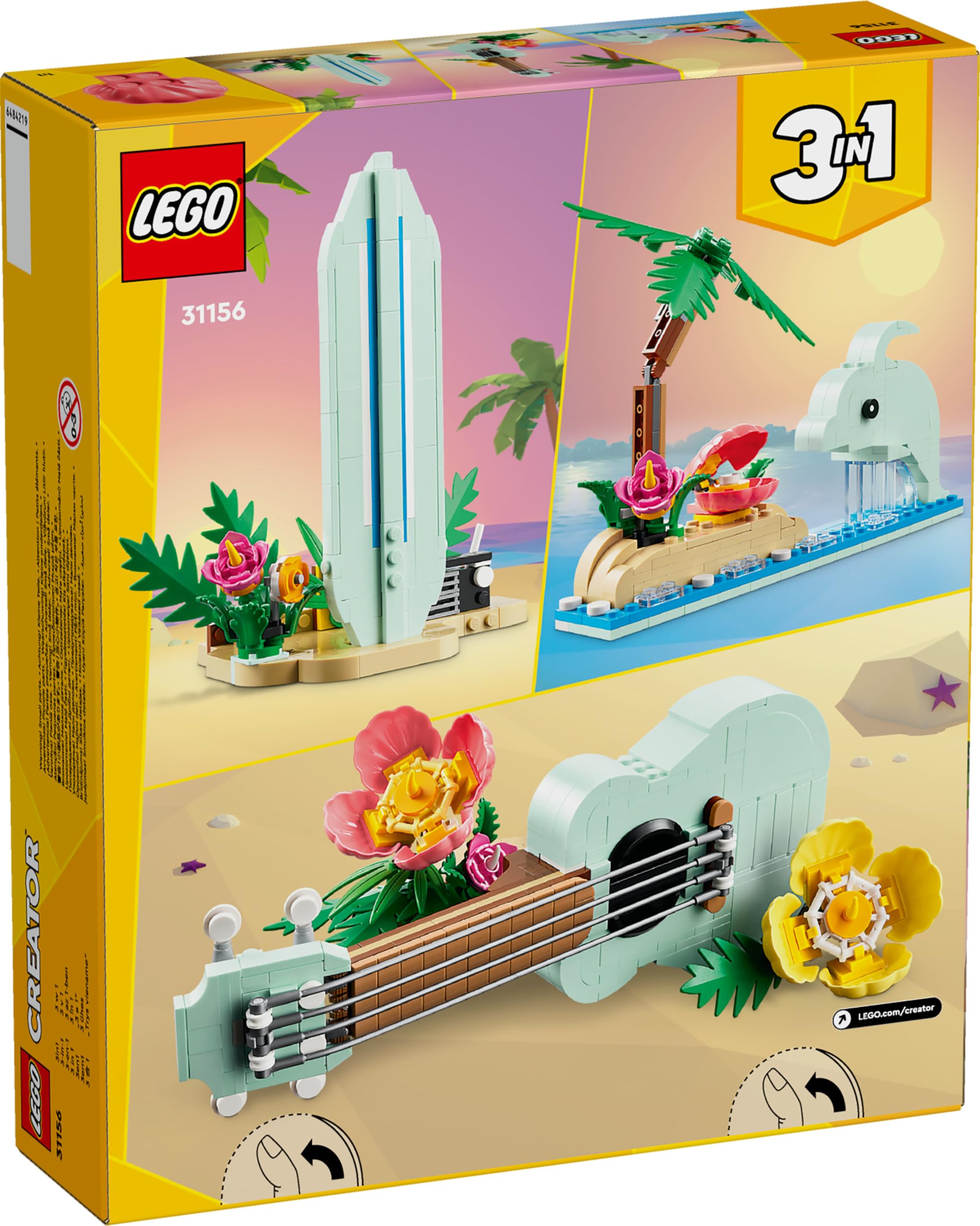 LEGO Tropical Ukulele surfboard with radio on a beach stand for vintage vibes.