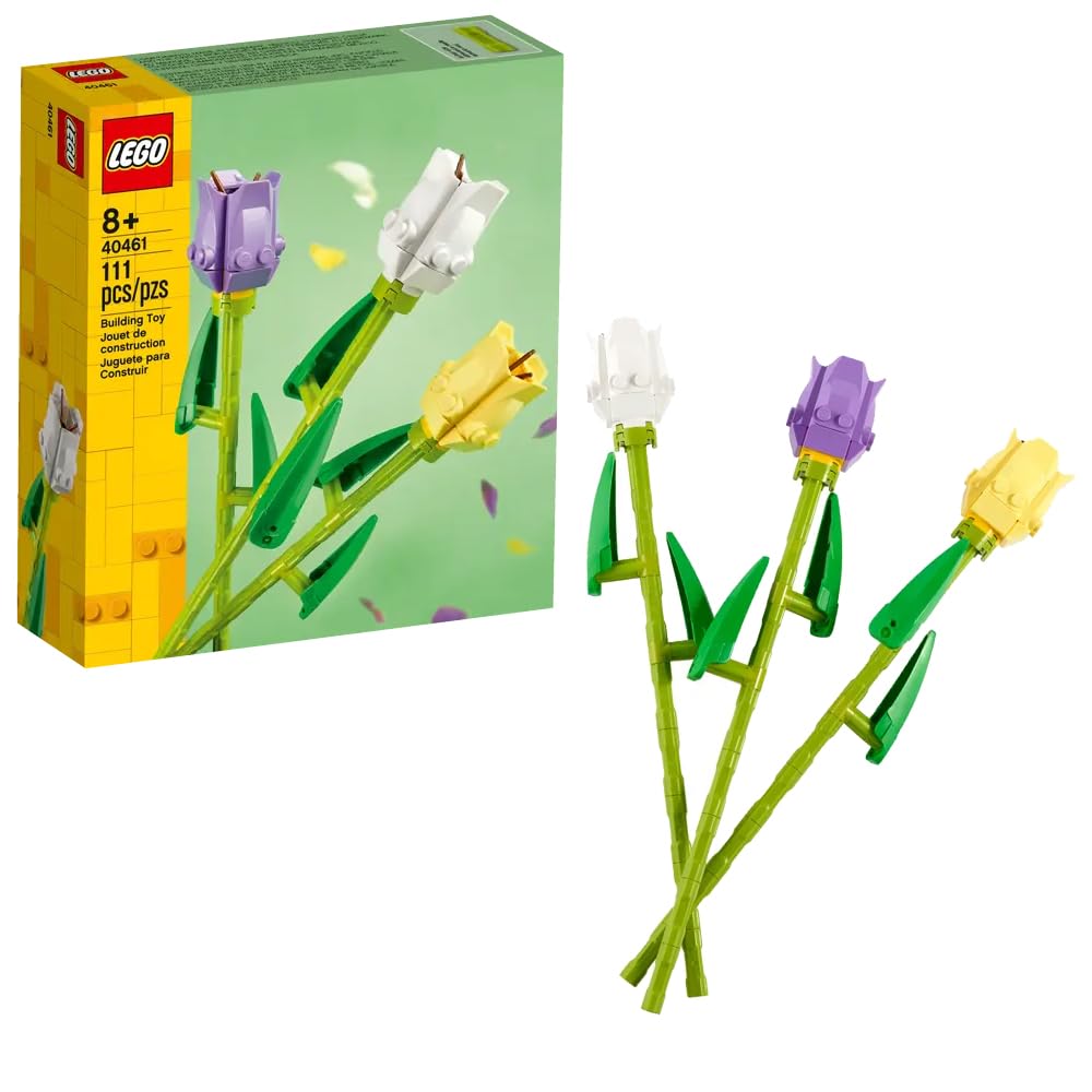 LEGO Tulips bouquet with three colors and glossy leaves, ideal for gifting.