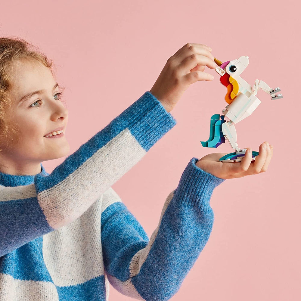 LEGO Unicorn transforming to Peacock highlights colorful tail and pose options.