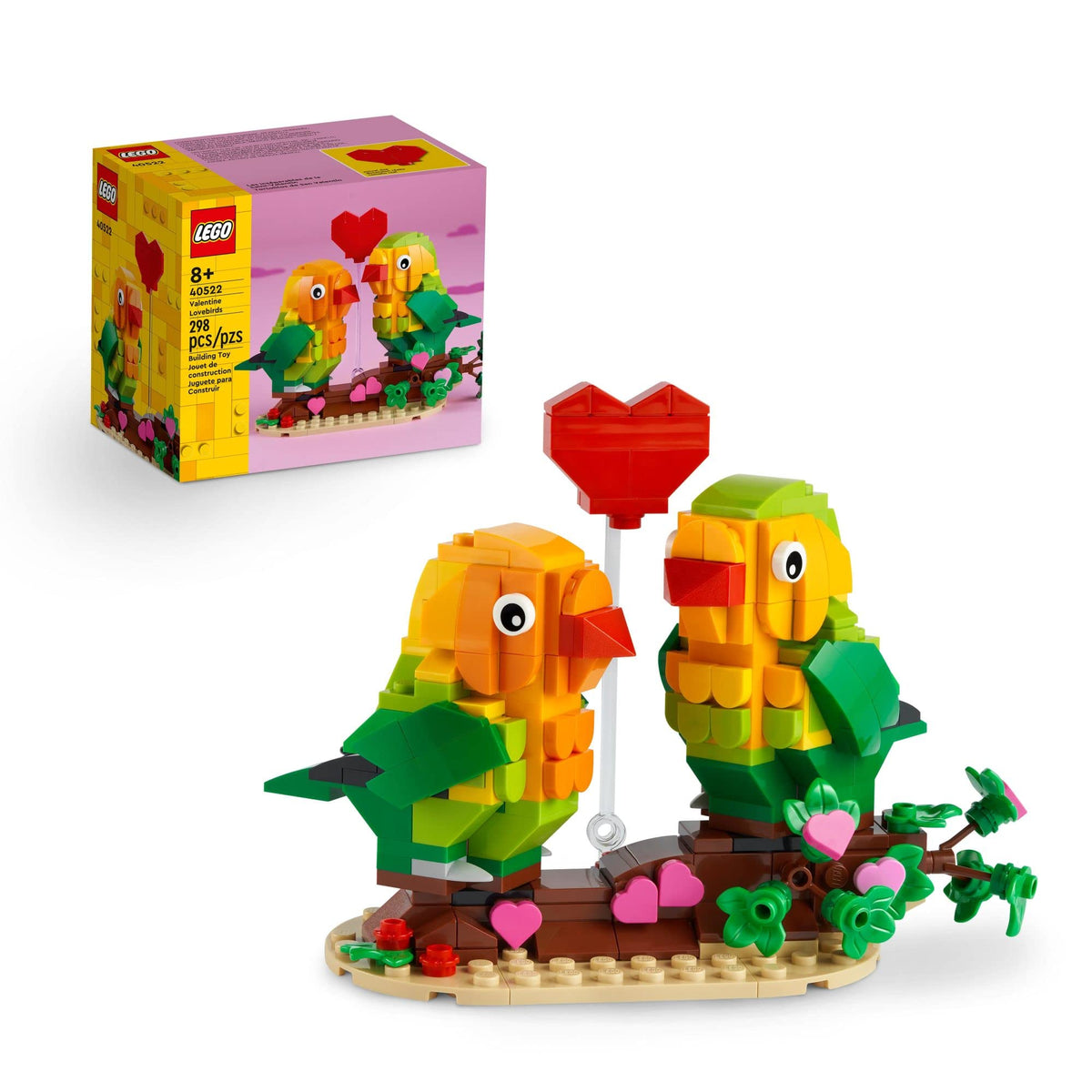 LEGO Valentine Lovebirds 40522 on a branch with pink hearts for display