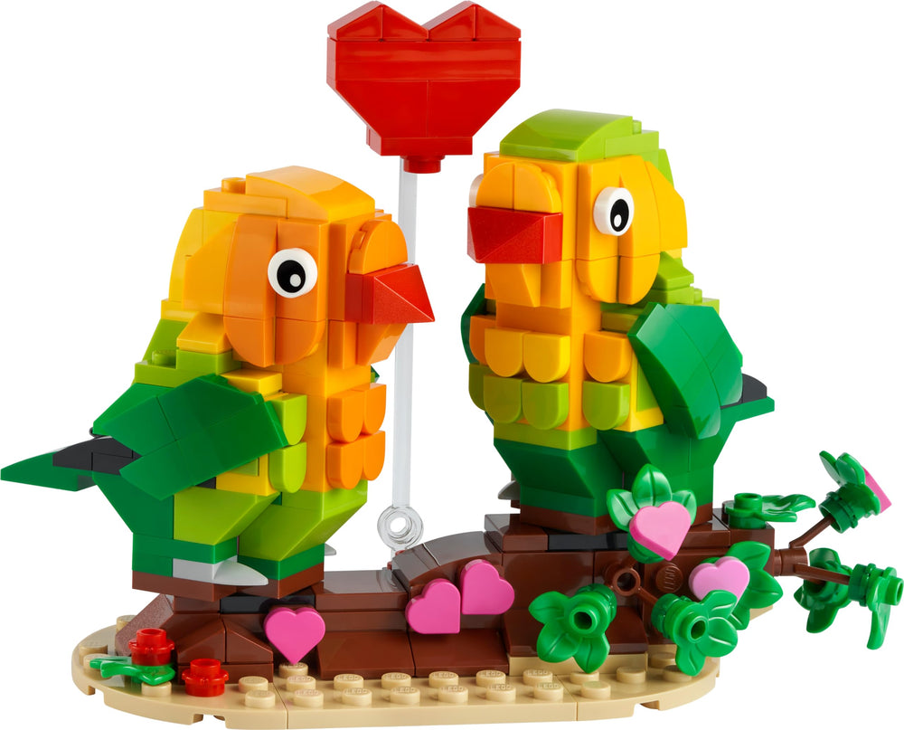 LEGO Valentine Lovebirds 40522 completed display on shelf with hearts decor
