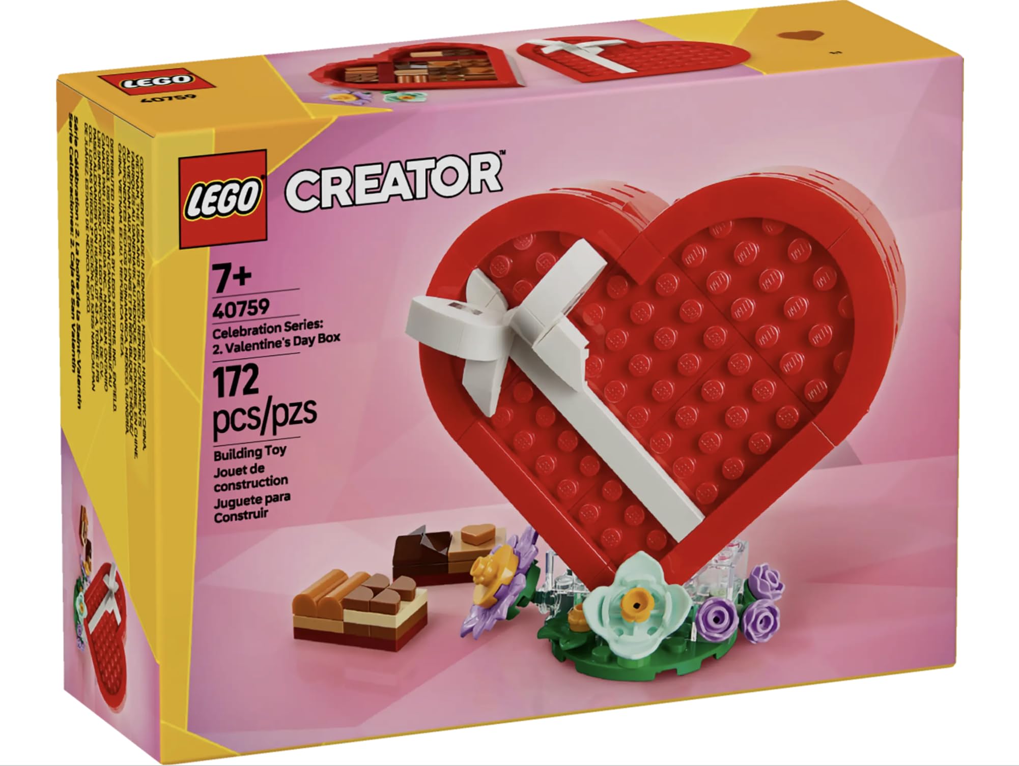 LEGO Valentine’s Day Box display stand with brick-built flowers, adds decorative shelf appeal.