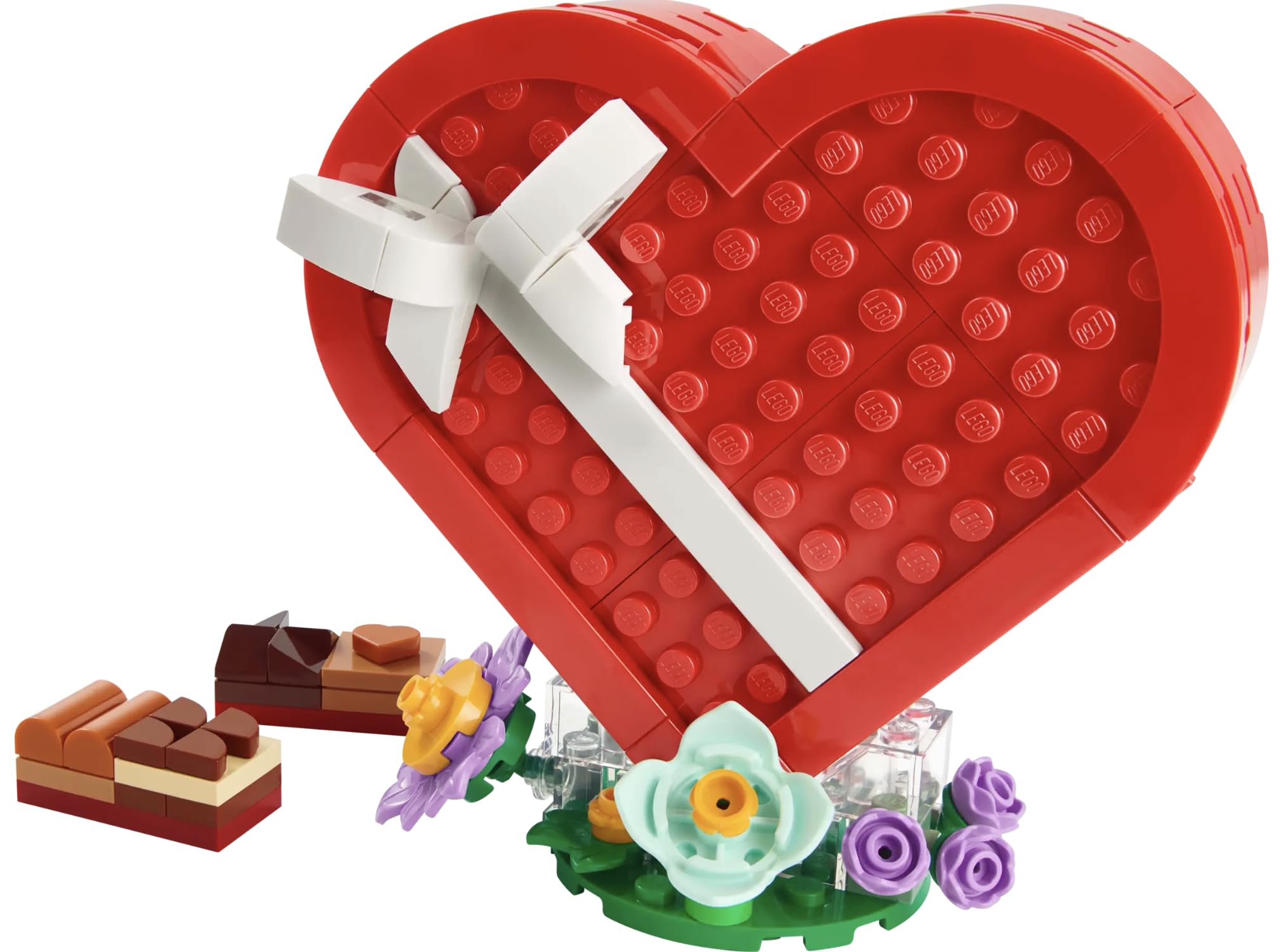 LEGO Valentine’s Day Box heart with white bow, ideal for desk display and gifting.