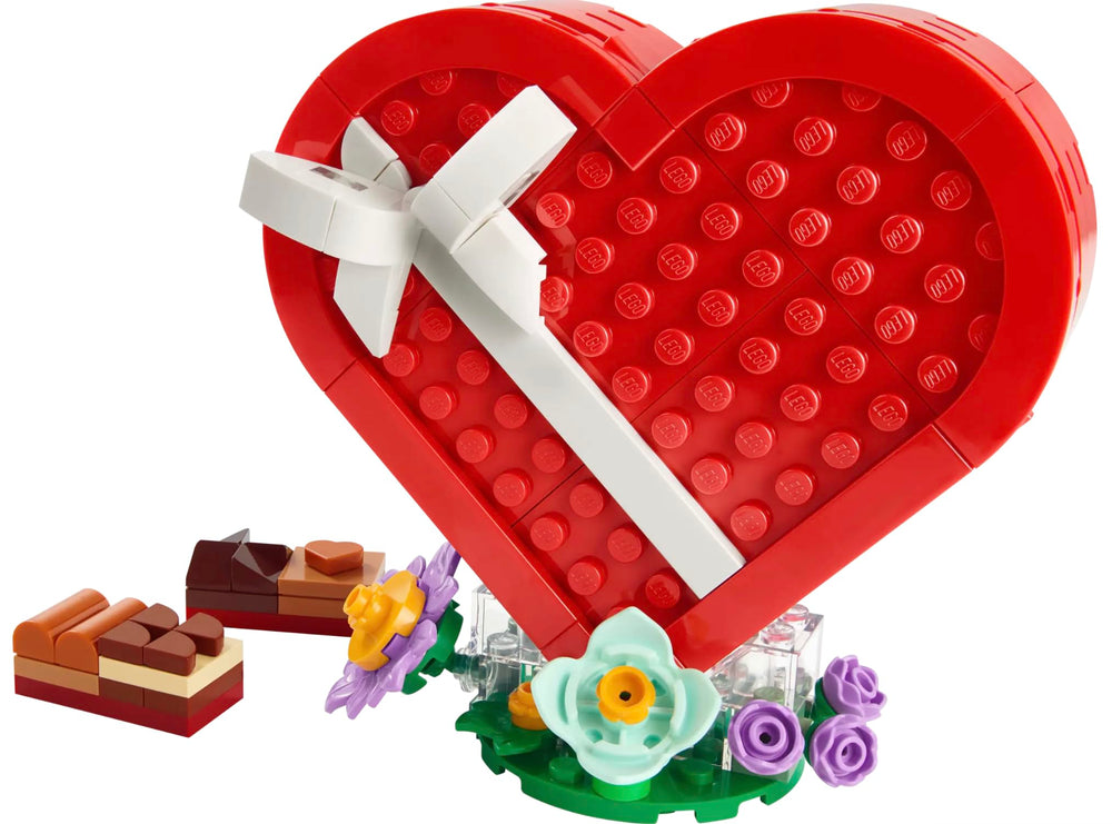 LEGO Valentine’s Day Box heart with white bow, ideal for desk display and gifting.