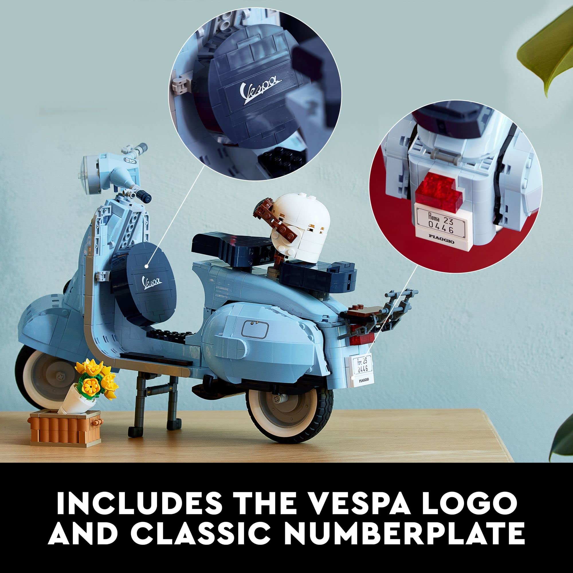 LEGO Vespa 125 scooter model logo and license plate add vintage authenticity