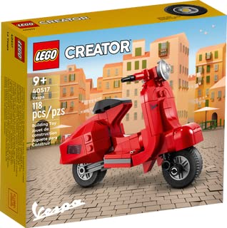 LEGO Vespa 40517 front view with handlebars and seat, ideal for imaginative vehicle play