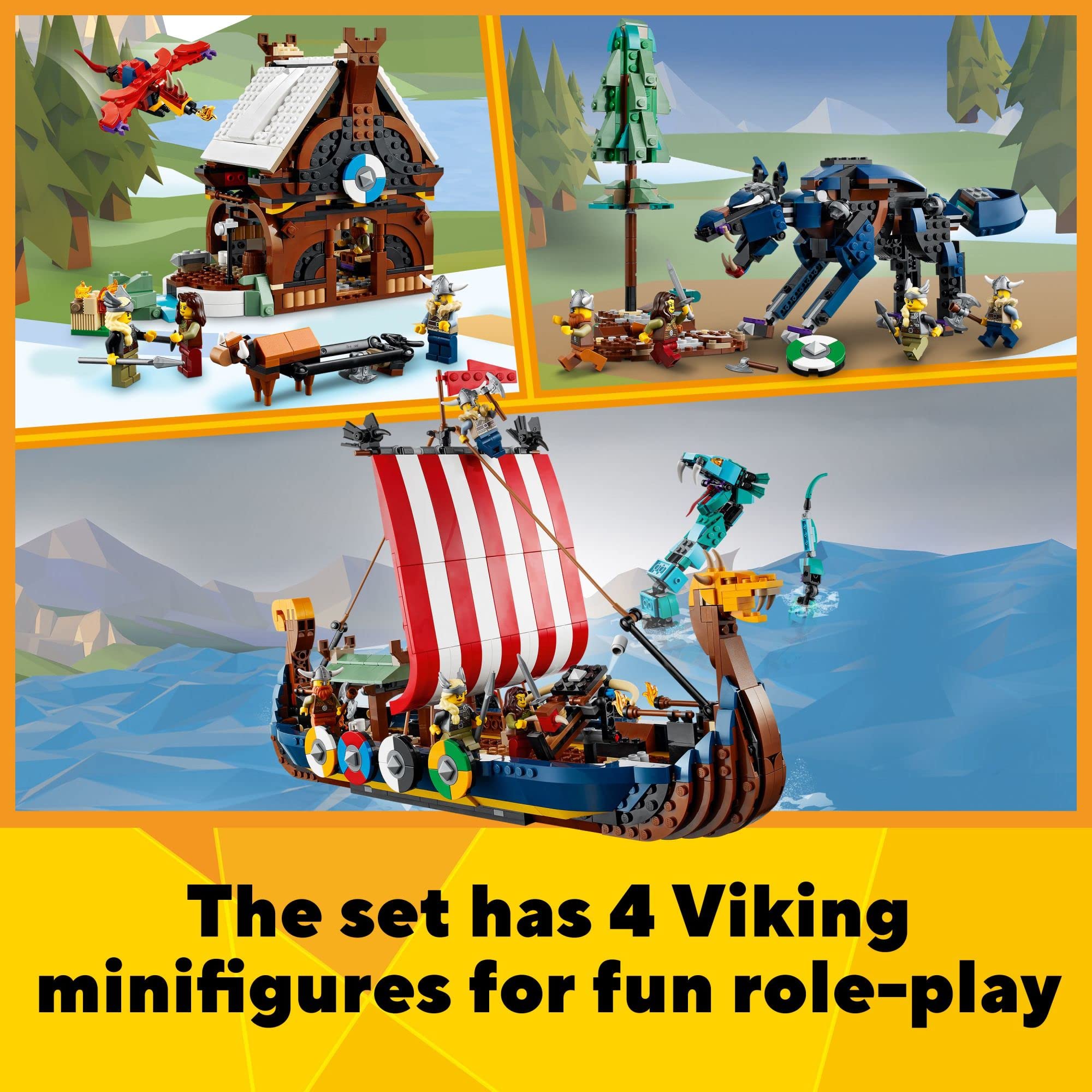 LEGO Viking ship with shields, sail, and ravens for authentic seafaring visuals.