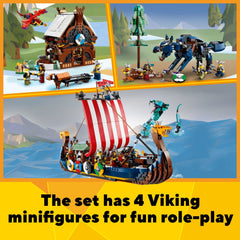 LEGO Viking ship with shields, sail, and ravens for authentic seafaring visuals.