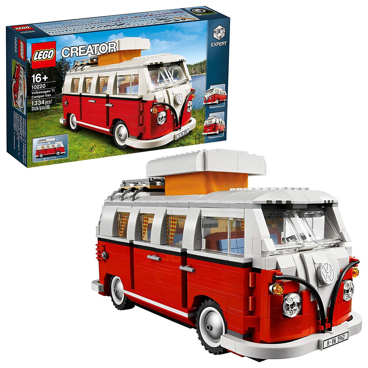 LEGO Volkswagen T1 Camper Van 10220 exterior front view with authentic color split.
