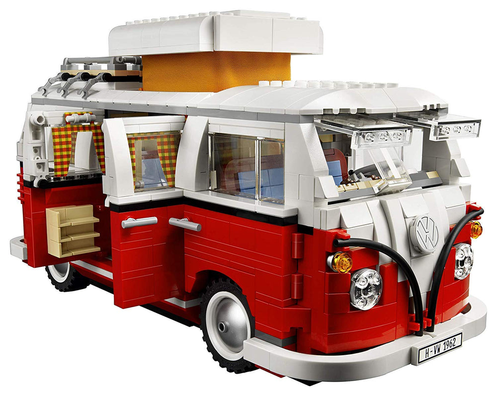 LEGO Volkswagen T1 Camper Van open doors and pop-up roof for interactive display.