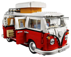 LEGO Volkswagen T1 Camper Van open doors and pop-up roof for interactive display.