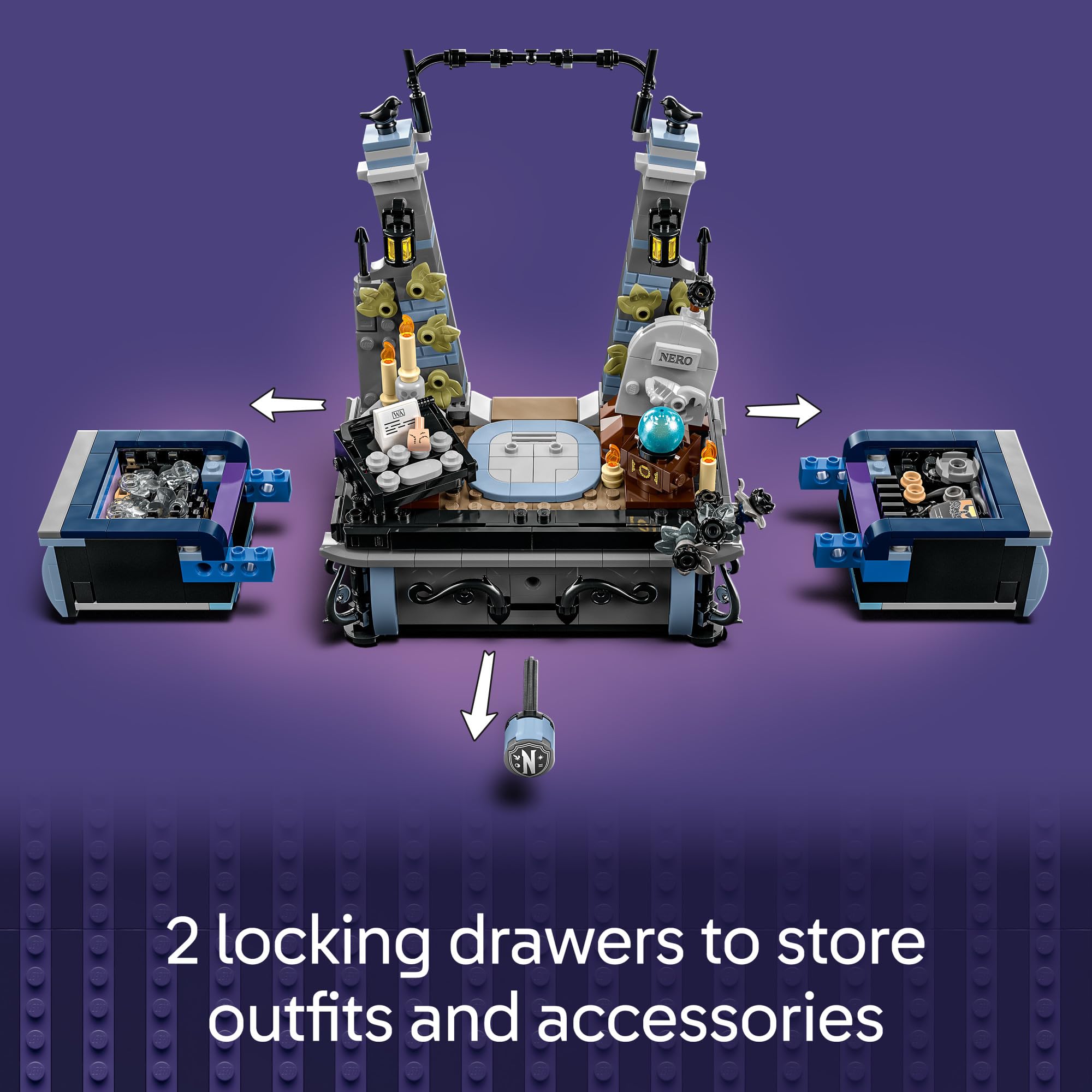 LEGO Wednesday Addams accessories like typewriter and crystal ball spark storytelling.