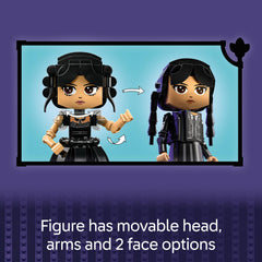 LEGO Wednesday Addams figure stand with hidden drawers enhances display and storage.