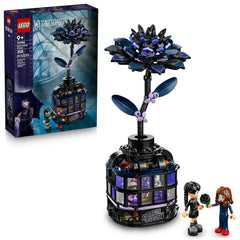 LEGO Wednesday Black Dahlia Flower display showcases gothic decor and creative play.
