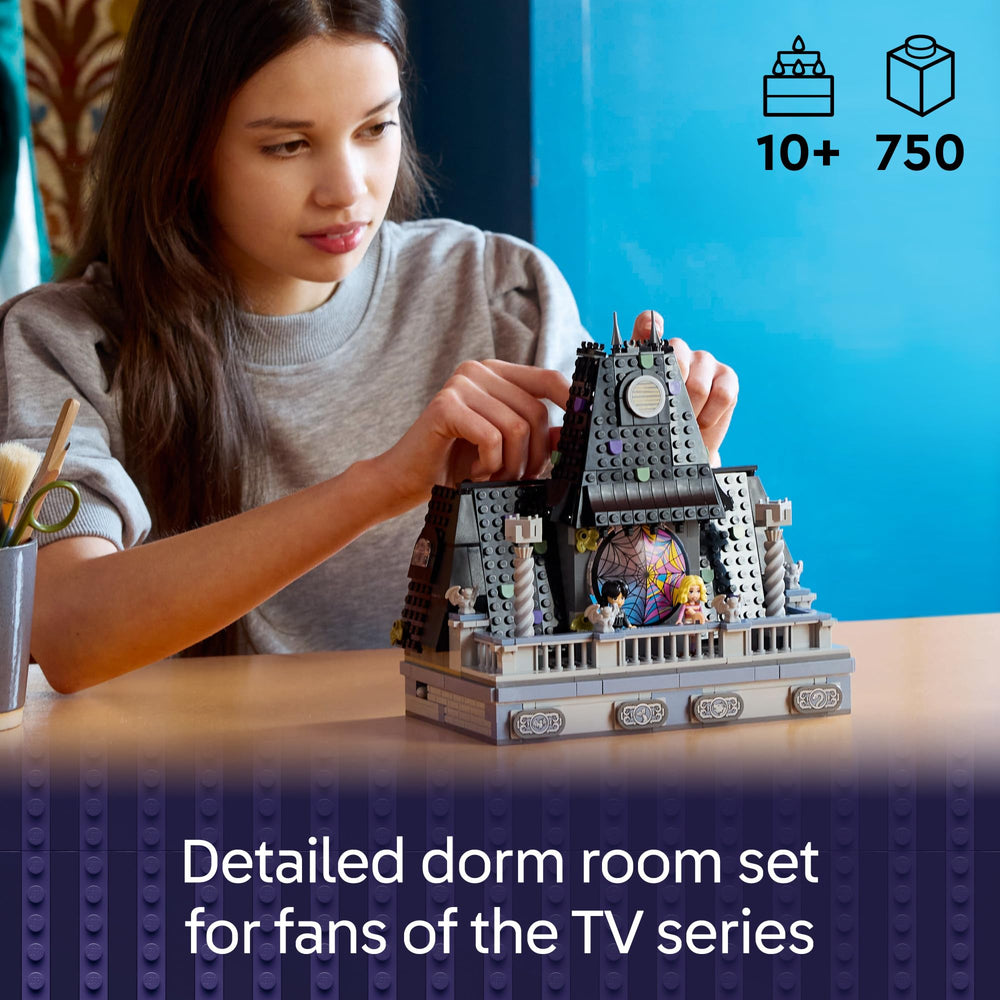 LEGO Wednesday Enid dorm room balcony with gargoyles for display-ready scenes.